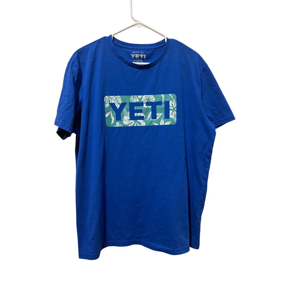 YETI Blue T shirt with Tropical flowers Teal Size X-Large